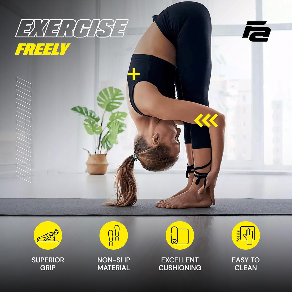 Fit Active Sports Large Exercise Mat 6' x 4' x 8mm Non-Slip Extra Wide Workout Mat for Home Gym, Cardio, Yoga, Floor Fitness, MMA, Plyo, and Jump Rope | Shoe Friendly Black