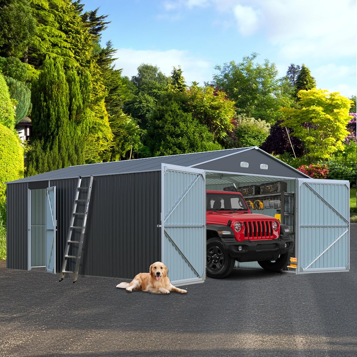 Metal Garage Shed 20x13 FT, Sheds & Outdoor Storage Clearance, Outdoor Storage Shed for Car, Truck, Bike, Lawnmower, Backyard Tool House Building 2 Doors and 4 Vents Dark Gray