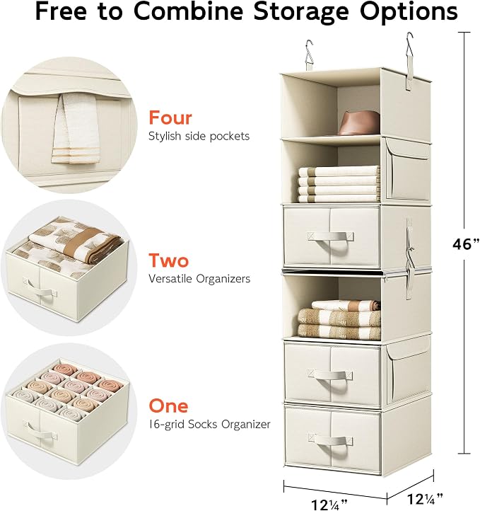 Vailando 6-Shelf Hanging Closet Organizer with 3 Drawers, 2 Separable 3-Shelf Closet Organizers and Storage for Wardrobe Organization, Hanging Dresser for Nursury & Dorm Clothes Organizer, Beige