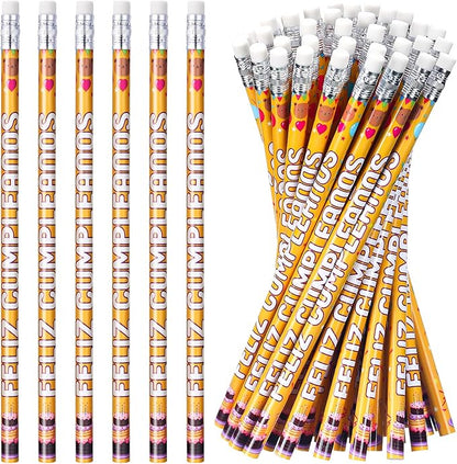 Tenceur 100 Pcs Feliz Cumpleanos Pencils Spanish Happy Birthday Pencils with Top Erasers Writing Materials Gifts for Birthday Party Supplies Reward Favors