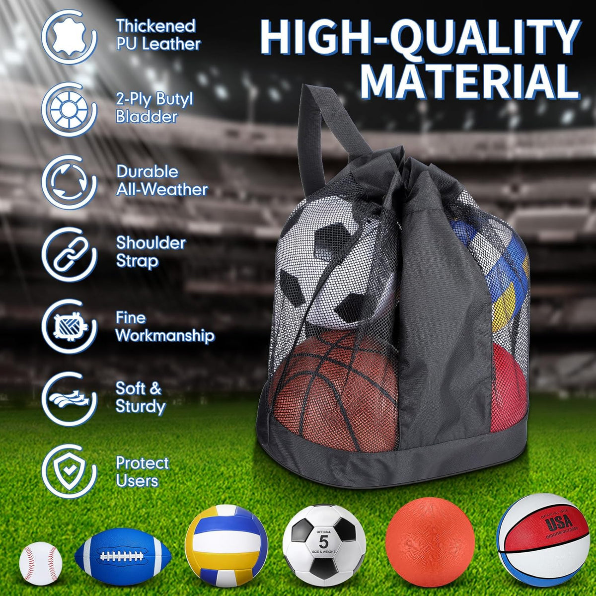 Libima 6 Pcs Multi Sport Ball Set Official Size Football, Basketball, Soccer, Volleyball, Playground Ball, Baseball with Sports Equipment Bag Pump for Teen Adult Christmas School Gift