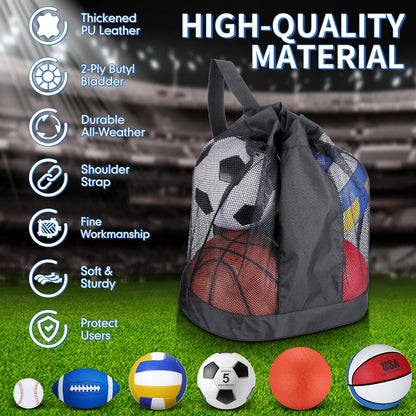 Libima 6 Pcs Multi Sport Ball Set Official Size Football, Basketball, Soccer, Volleyball, Playground Ball, Baseball with Sports Equipment Bag Pump for Teen Adult Christmas School Gift