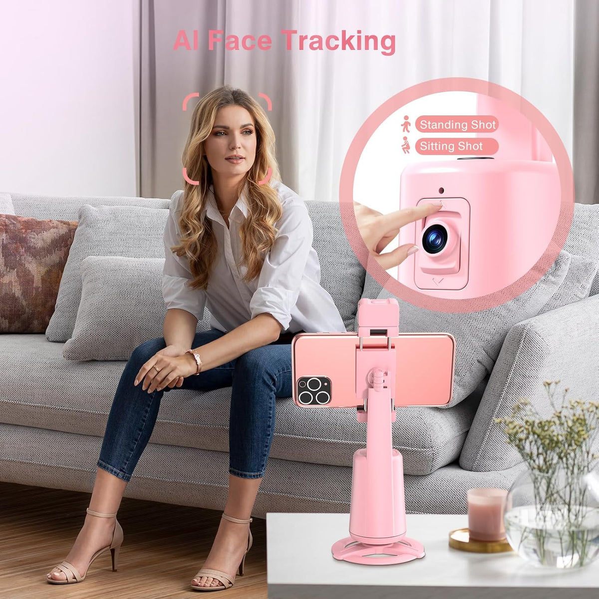 Auto Face Tracking Tripod 360° Rotating Cell Phone Photo and Video Kits Stand, No App, Phone Camera Stand with Remote and Gesture Control for Live Recording Tiktok Pink1