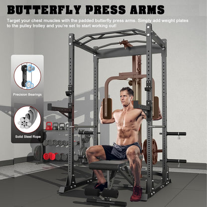 BEKING Power Cage, 2000LBS Power Squat Rack with LAT Pulldown, 2.36" ×2.36" Multi-Functional Squat Cage with Pulley System and More Training Attachments for Home Gym
