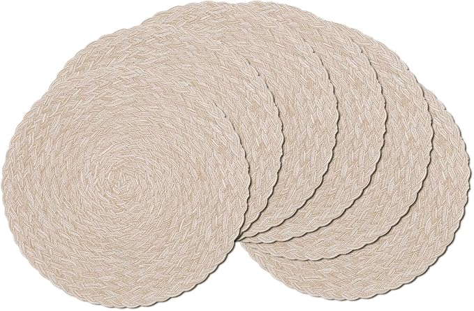 SHACOS Round Braided Placemats 15 inch Set of 6 Thick Boho Kitchen Table Placemats for Home Wedding Party (T-Beige, 6)
