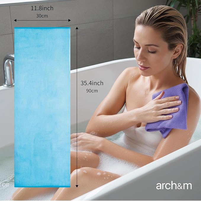 ARCH&M Exfoliating Towel 3-Pack, Nylon, Brown Purple Navy-Blue | Exfoliating Washcloth, 35-Inch, Japanese Washcloth, Deep Exfoliation, Daily Use, Glowing Silky-Smooth Skin
