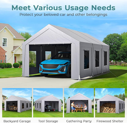 Carport 12x20 ft Heavy Duty, Car Port with Reinforced Steel Frame and 6 Roll-up Windows, Portable Garage with Sturdy Ground Nails, Waterproof All-Season Car Canopy for Boat, Truck, Grey
