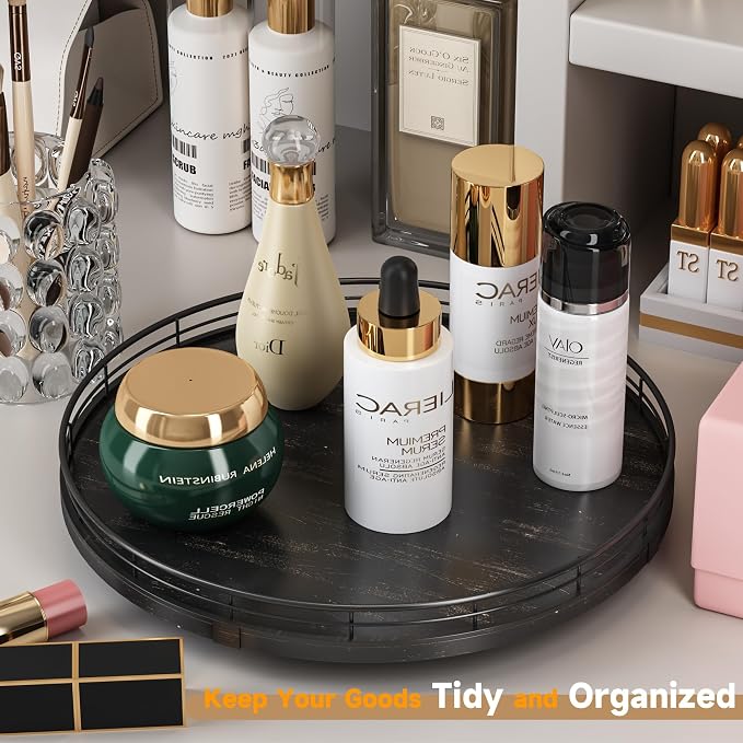 13" Oak Bathroom Vanity Tray Turntable for Perfume Candle, Round Wooden Decorative Tray for Kitchen Sink Countertop Organizer, Bathroom Counter Organizer for Skincare Makeup, Farmhouse Black Gold