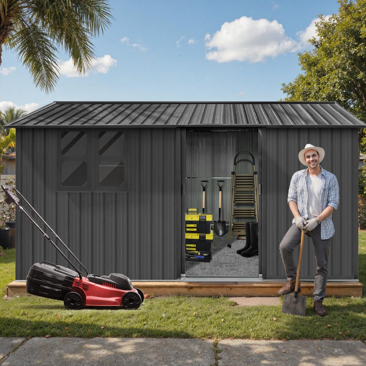 12x10 Ft Storage Shed Outdoor, XL Permanent Steel Building with Window, Sliding Doors and 4 Air Vents for Backyard Garden Patio Lawn - Black