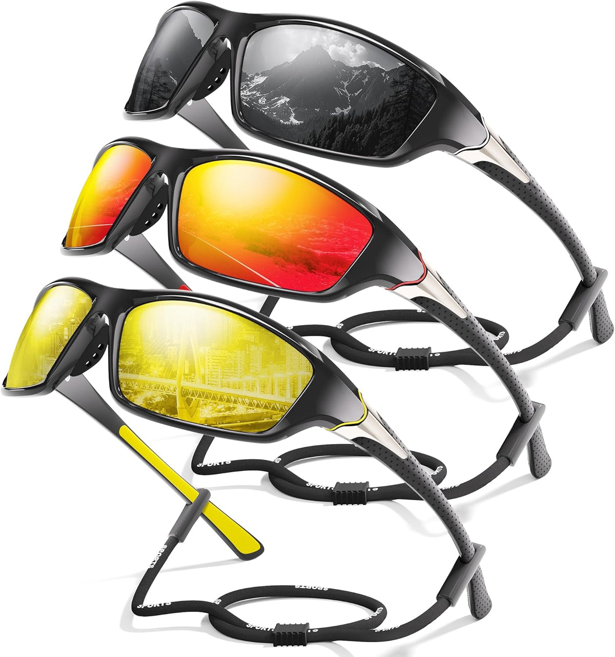 3 Pack Polarized Sports Sunglasses for Men, Mens Sunglasses Wrap Around UV400 Protection for Cycling Fishing Driving
