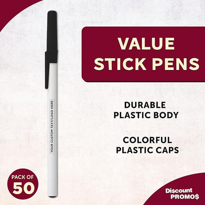 DISCOUNT PROMOS Custom Value Stick Pens Set of 50, Personalized Bulk Pack - Black Ink, Great for Office, School, Business, Tradeshows, Events - Black