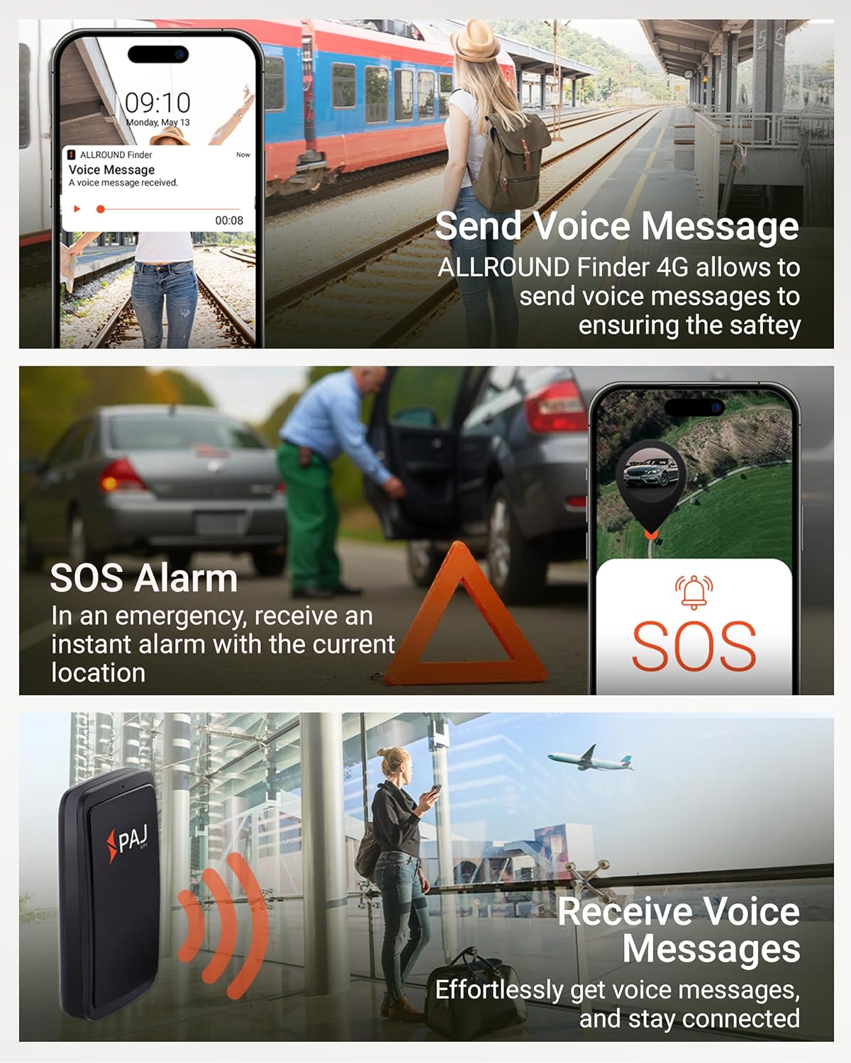 PAJ Allround Finder 4G - Real-Time GPS Tracking for Cars, Motorcycles, Kids & Seniors - SOS Button, Voice Messages & Up to 40-Day Battery for Safety & Security
