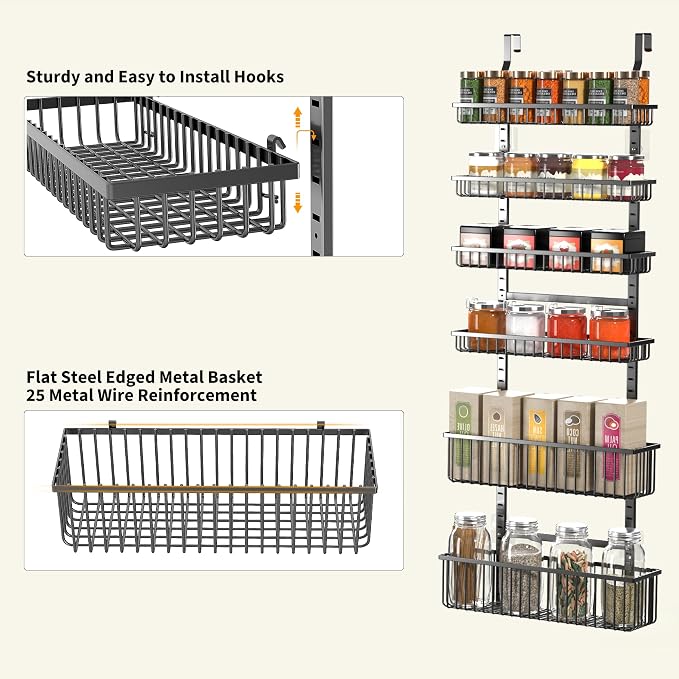 Moforoco 6-Tier Over The Door Pantry Organizer, Pantry Organization and Storage, Black Hanging Basket Wall Spice Rack Seasoning Shelves, Home & Kitchen Laundry Room Bathroom Essentials accessories
