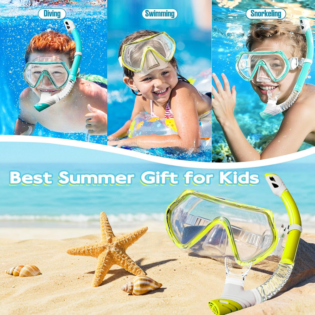 Snorkeling Gear for Kids, Kids Snorkel Set for Ages 3-14, Anti-Fog Diving Mask and Dry Top Snorkel Combo Set, Unisex Swimming Goggles