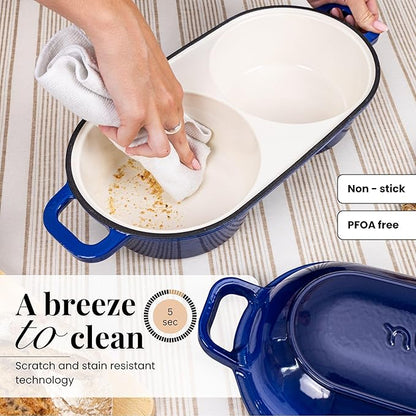 Dutch Oven For Sourdough Bread Baking – Enamelled Cast Iron Bread Loaf Pot – 500°F Oven Safe Non Stick Bread Pot – Double Round Loaf Space, 16.5cm Diameter, Dark Blue, – by Nuovva