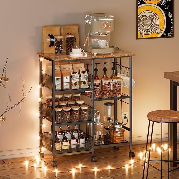 Rolling Kitchen Storage Microwave Cart, Kitchen Island with Adjustable Shelf on Lockable Wheels, Countertop 27.75"L × 15.35"W, Bakers Rack with Tilt-Out Baskets, for Kitchen, Coffee Bar, Living room