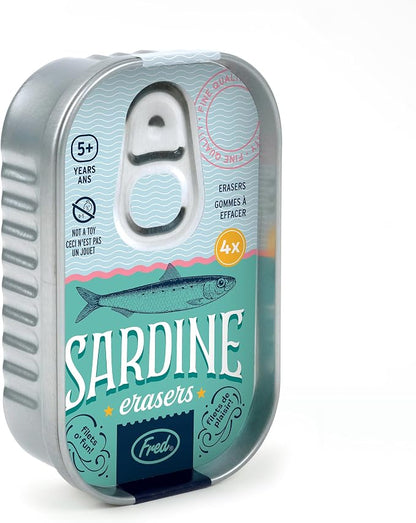 Genuine Fred Sardine ERASERS, Set of 4 Fish-Shaped Erasers, Quality Materials, Fun Desk Accessory, Packed in Charming, Well-Designed Sardine Tin, Perfect for School, Home, Office, and Gifts