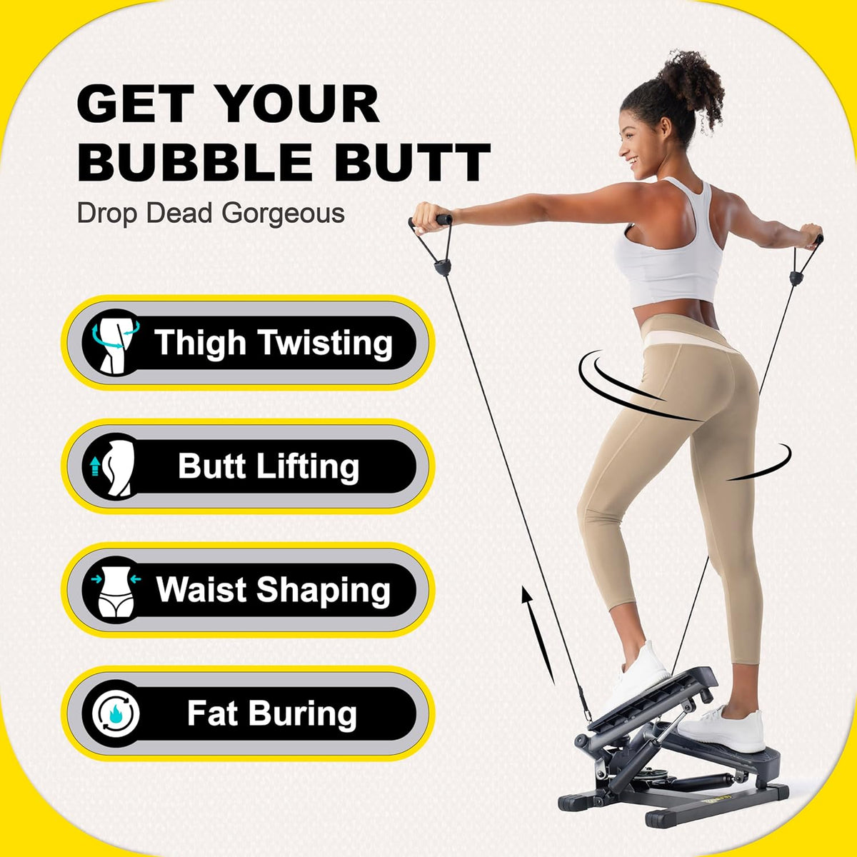 Stepper Machine with Resistance Bands, Mini Stepper with 300LBS Weight Capacity, Twist Stepper for Full Body Workout, Adjustable Step Height, Smooth and Quiet, Step Machine for Men Women