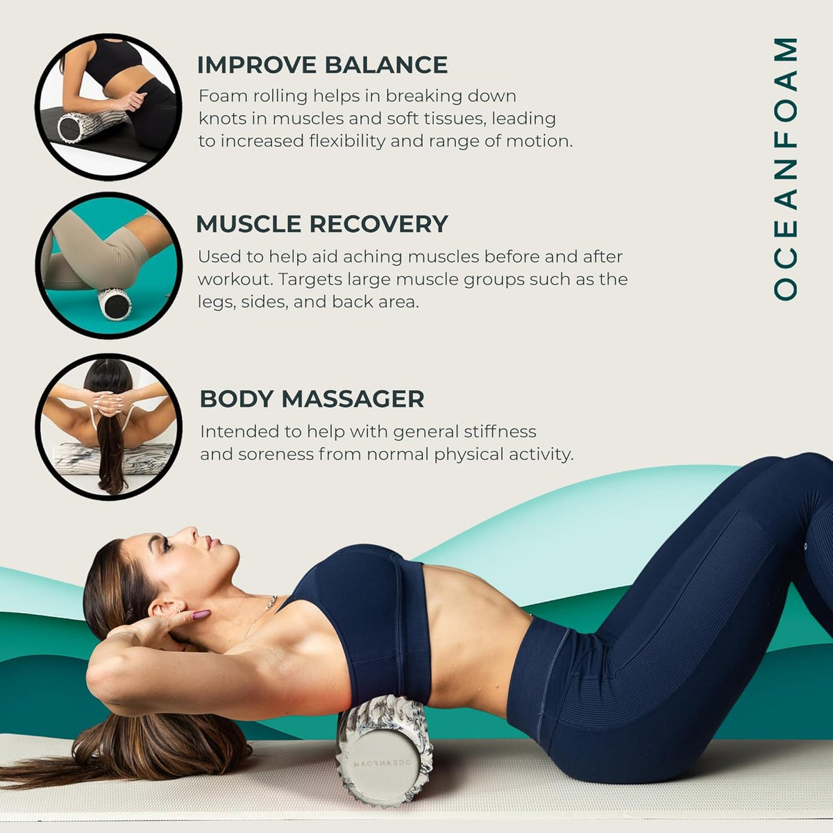 Oceanfoam Tidal Roller - Black Marbled - Muscle Massage Foam Roller for Back Pain & Stretching - Firm and Ergonomic Wide Wave Textured - Yoga, Athletics, & Wellness - Full Size, 20" x 5"