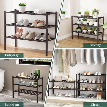 Smiry Bamboo Shoe Rack, 5 Tier Free Standing Wooden Shoe Organizer, Stackable Wood Shoe Storage Shelf for Closet, Entryway, 12 Vertical Slats, 2+2+1 Stack Standard Legs, 26.8"x11"x32.5", Brown