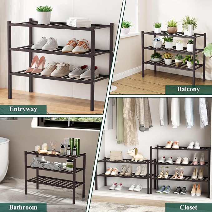 Smiry Small Bamboo Shoe Rack, 6 Tier Free Standing Wooden Shoe Organizer, Stackable Wood Shoe Storage Shelf for Closet, Entryway, 12 Vertical Slats, 2+2+2 Stack Standard Legs, 17.3"x11"x39", Brown