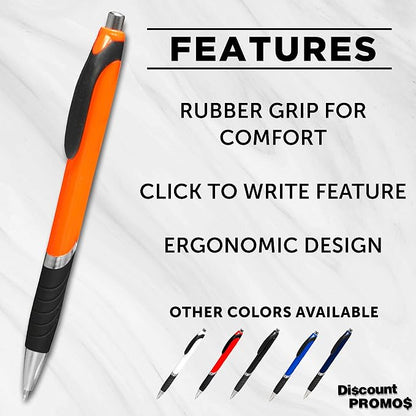 DISCOUNT PROMOS Ballpoint Pens With Rubber Grip - 10 pack - Black Ink Ball Point Pen with Soft Touch Plastic - Orange