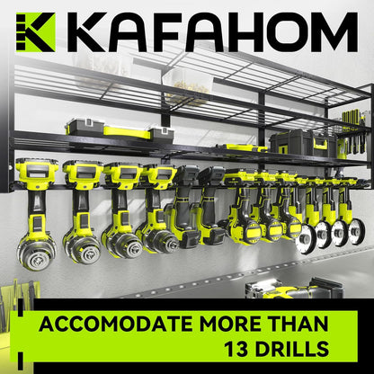 KAFAHOM Large Power Tool Organizer Wall Mount-13 Drill Holder for Garage,4 Layer Power Tool Rack,Tool Organizer and Storage with 2 New Accessories, Gifts Idea for Men Dad Husband