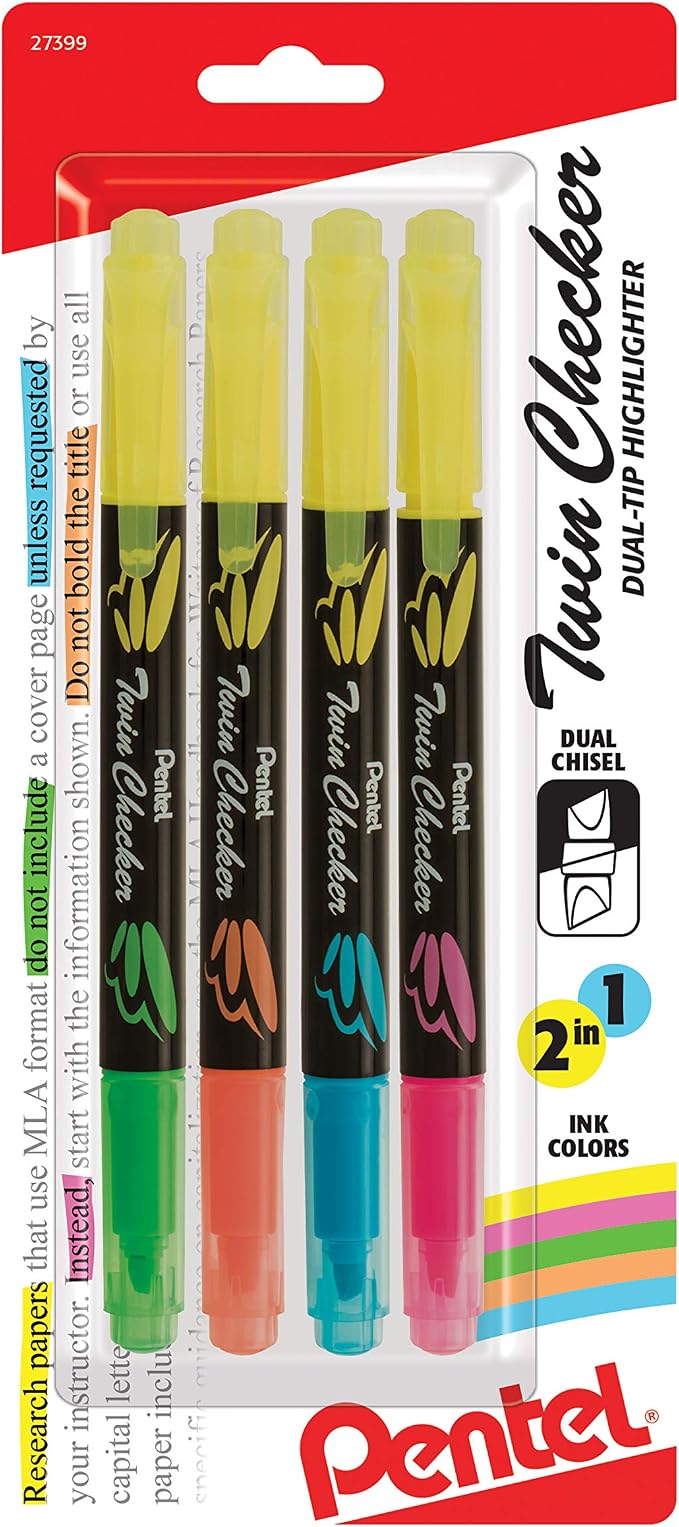 Pentel Twin Checker Dual-tip Highlighter, Chisel Tip, Assorted Colors, Pack of 4 (SLW8BP4M)