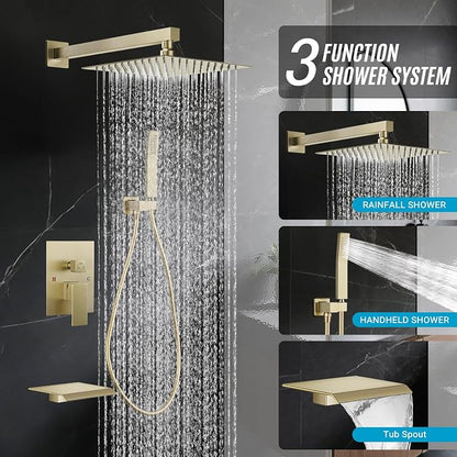 Rain Shower Faucet Set Wall Mounted Rainfall with Tub Spout Shower Head System Rough-in Valve Body and Trim Included Brush Gold (10 Inches)