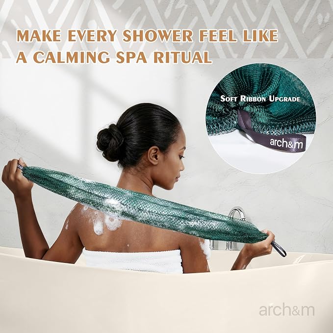 ARCH&M African Net Sponge Authentic, Shower Back Scrubber, Black, 2 Pack | 53" Extra-Long, Quick-Dry, Exfoliating Shower Loofah, Soft Mesh for All Skin Types, For Women and Men