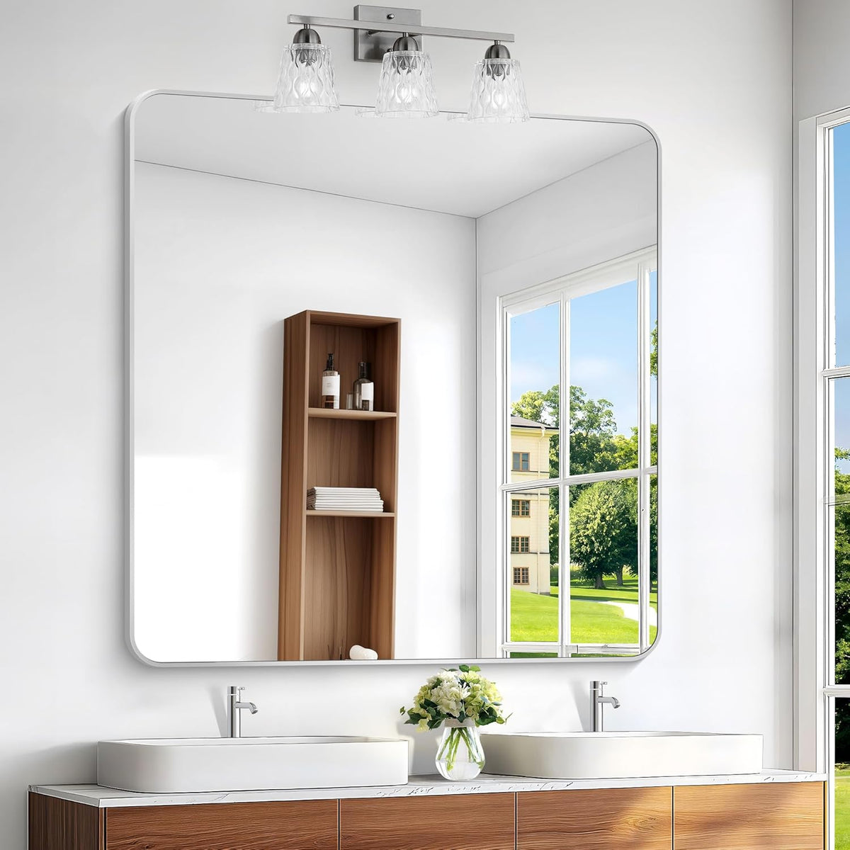 Silver Bathroom Mirror,48x48 inch Wall Mirror for Bathroom Wall Mounted,Rectangle Mirror for Bathroom Over Sink,Modern Frame Round Corner for Living Room,Bedroom Entryway,Horizontal/Vertical