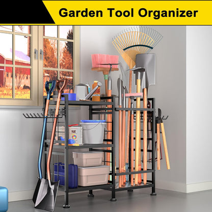 GIOTORENT 6 Tier Garden Tool Organizer, Garage Storage and Organization, Metal Yard Tools Storage Rack, Heavy Duty Garden Tool Organizer for Garage, Yard, Patio, Shed, Indoors and Outdoors, Black