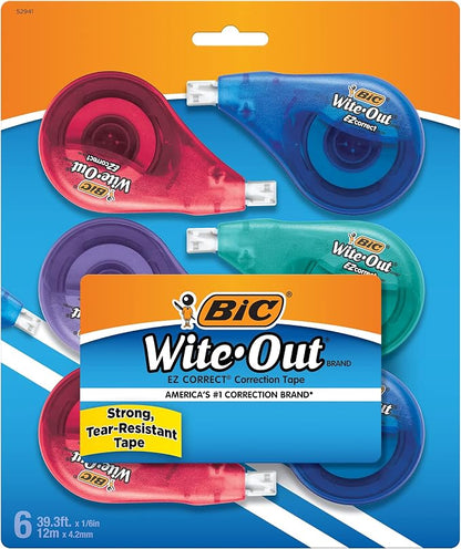 BIC Wite-Out Brand EZ Correct Correction Tape, White, Fast, Clean & Easy To Use, Tear-Resistant Tape, 6-Count