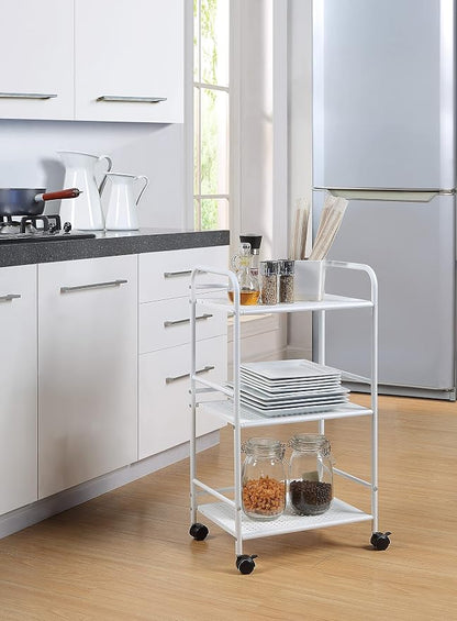 SunnyPoint 3-Tier Rolling Utility Cart – Metal Storage Organizer with Wheels, Mobile Kitchen Cart, Office & Home Organizer, White, 12" D x 16.92" W x 31.1" H