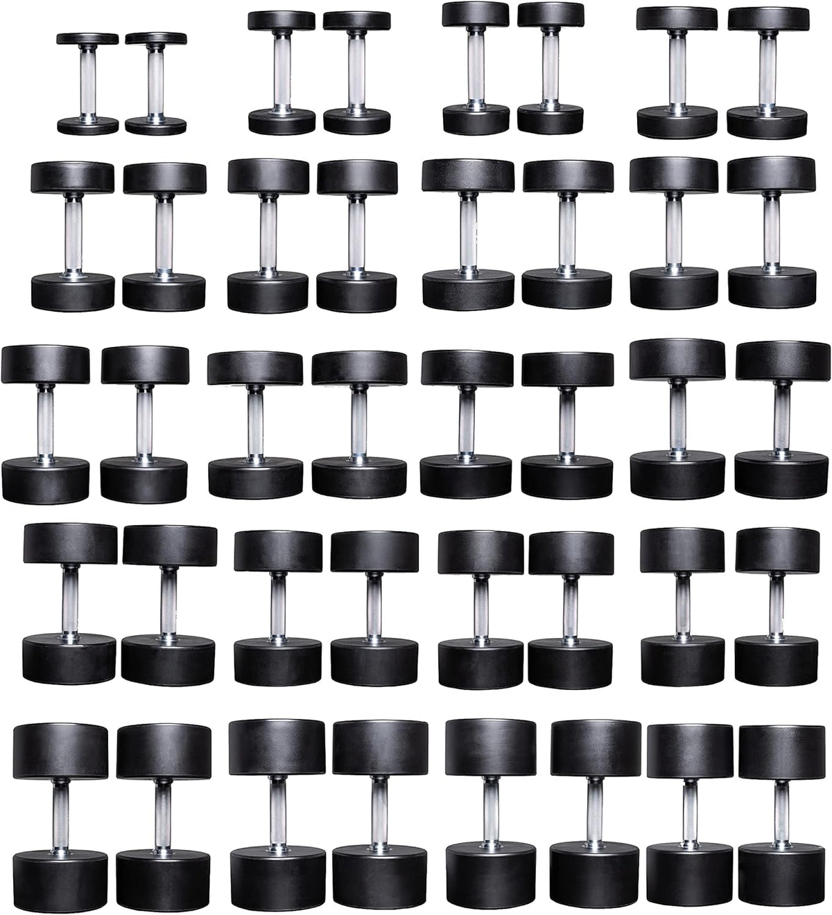 REP Fitness Urethane Coated Round Dumbbells, 5 to 100 lbs, Singles or Pairs, With or Without Rack, Steel Core, Rubber Encased, Chrome Handles, Professional Weights for Home Gym Strength Training