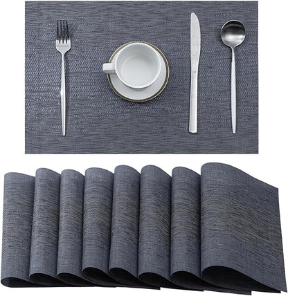 Leetaltree Denim Blue Placemats Set of 8 - Heat Resistant Non-Slip Place mats for Dining Table, Washable Durable PVC Vinyl Woven Table Mats（Denim Blue, 8）