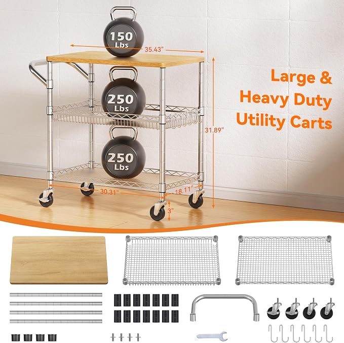 3 Tier Rolling Kitchen Carts on Wheels with Storage,650Lbs Heavy Duty Utility Carts with Wheels,Kitchen Island with Wood Tabletop,Metal Serving Rolling Cart for Small Appliance Food Cart,Wood+Metal