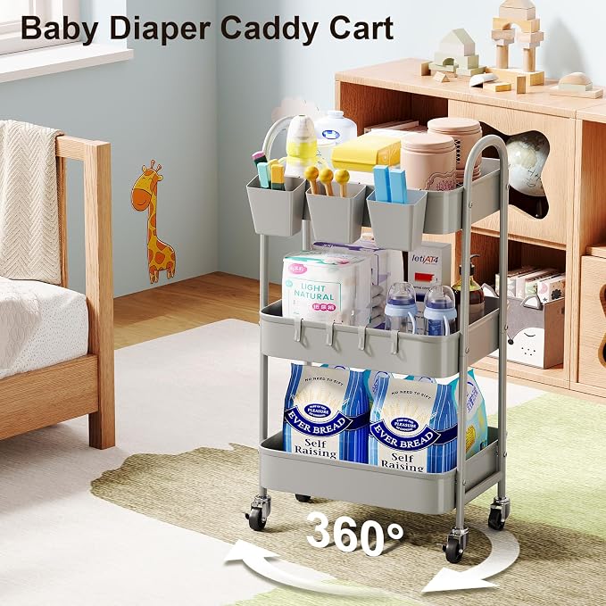3 Tier Gray Metal Rolling Cart, Mesh Storage Cart with Handle and Lockable Wheels, Multifunctional Three Tiered Utility Organizer Carts for Kitchen, Office, Bathroom, Craft, Art, Snack, Baby Supplies