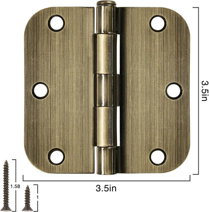 12 Pack Antique Brass Door Hinges 3.5 Inch Interior 3 1/2" Round 5/8" Radius Heavy Duty Metal Hardware Kit 3 ½" 5/8" Radius Flat Hinge for Bifold Doors Decorate Master Bedroom Storage Room
