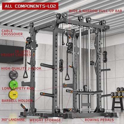 Power Cage,1600lbs Multi-Function Power Rack with Adjustable Cable Crossover System and More Training Attachment, Weight Cage for Home Gym