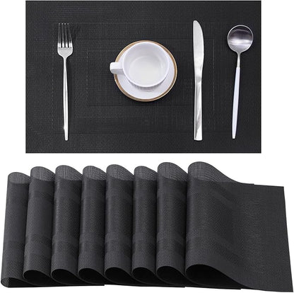 Leetaltree Black Frame Placemats Set of 8 - Heat Resistant Non-Slip Place mats for Dining Table, Washable Durable PVC Vinyl Woven Table Mats（Black Frame, 8）
