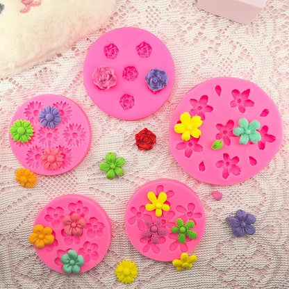 5Pcs Flower Molds Silicone Rose Chocolate Mold Daisy Flower Fondant Mould Polymer Clay Resin Mold Soap Ice Cube Gummy Sugar Wax Melt Molds for Baking and Cake Cupcake Decorating DIY Craft