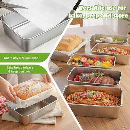 2 Packs 8.8×5.9 Inch Loaf Pans for Baking Bread, 304 Stainless Steel Loaf Bread Pan with Parchment Paper Liners, Metal Bakeware for Bread, Meatloaf, Cake Brownies, Easy Release, Oven & Dishwasher Safe