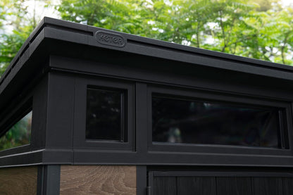 Keter Signature Collection 9x7 Ft All-Weather Storage Shed with Skylight, Window, Built-in Ventilation, Customizable Walls, & Lockable Double Doors, Walnut