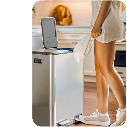 Home Zone Living 16 Gallon Kitchen Trash Can with Dual Compartments for Recycling, Stainless Steel, Silver, 60 Liters Total