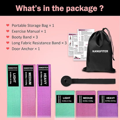KANGFITER Long and Short 6 Fabric Resistance Bands Set with Door Anchor | Non-Slip Stretch Booty Bands for Working Out Women & Men, Loop Exercise Elastic Bands for Home Physical Therapy Yoga Pilates