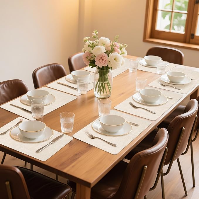 Maxpearl Faux Leather Placemats Set of 8 – Waterproof, Wipe Clean, Heat Resistant, Non-Slip Dining Table Mats for Indoor & Outdoor Use, 17”×12”, Beige