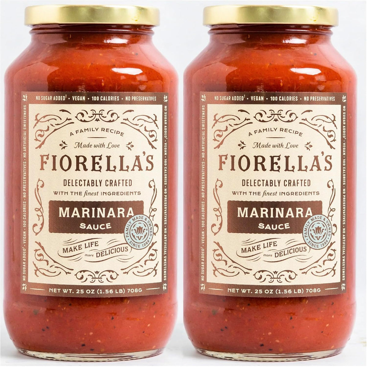 Fiorella's Marinara Pasta Sauce - Tomato Sauce Made with Fresh Ingredients - No Sugar Added, Vegan, Gluten Free, No Preservatives Added, Pasta Sauce, 25 Oz (Pack of 2)