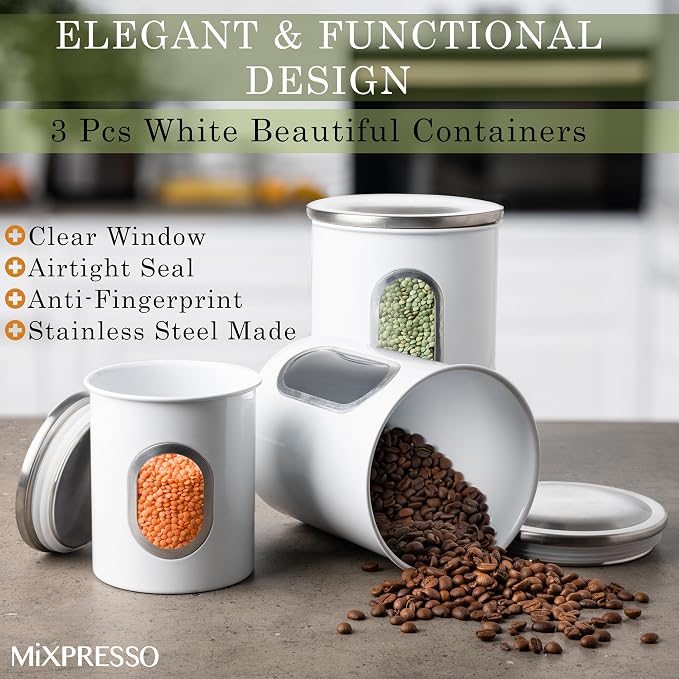 Mixpresso 3-Piece White Canisters Sets For The Kitchen, Airtight Canister Set With See Through Window, Storage Jars for Coffee Container, Tea Organizer & Sugar Canister, White Kitchen Canisters