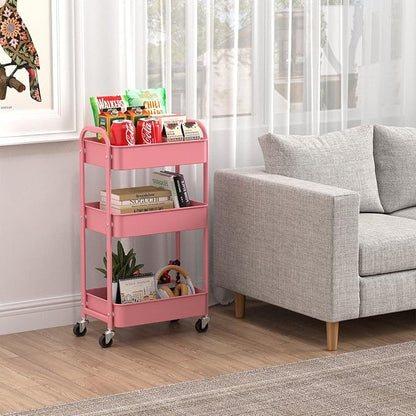 MAX Houser 3-Tier Rolling Utility Cart with Caster Wheels,Easy Assembly, for Kitchen, Bathroom (Pink)